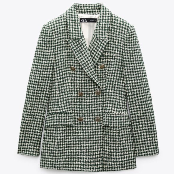 Zara Jackets & Blazers - NWT Ecru/Green Textured Houndstooth Lapel Collar Doble Breasted Blazer, M